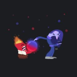 1boy 1girl anger_(inside_out) angry artist_name belt colored_skin ennui_(inside_out_2) fire glowing highres inside_out inside_out_2 iraicheezz long_hair open_mouth orb pants polka_dot polka_dot_background purple_hair purple_skin red_skin screaming shirt signature simple_background size_difference socks sweater teeth tongue tongue_out turtleneck turtleneck_sweater