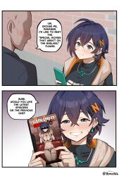 Rule 34 | 1boy, absurdres, animal print, belle (zenless zone zero), bikini, blue hair, blush, bonz (bonz0616), cow girl, cow print, cow print bikini, dvd case, earrings, english text, green eyes, hair ornament, height difference, highres, jewelry, light smile, mihoyo, movie poster, naughty face, phone, print bikini, short hair, smile, speech bubble, swimsuit, tape, thighs, zenless zone zero