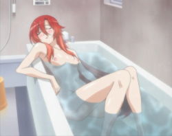 Rule 34 | 10s, 1girl, anime screenshot, bath, blush, breasts, closed eyes, dakara boku wa h ga dekinai, lisara restall, long hair, red hair, sleeping, small breasts, steam, stitched, third-party edit