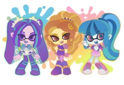 3girls :d absurdres adagio_dazzle adagio_dazzle_(human) aqua_hair aria_blaze aria_blaze_(human) arms_at_sides belt blue_eyeshadow blue_hair boots bracelet chibi chibi_only chinese_commentary colored_skin commentary_request eyeshadow fangs fingerless_gloves full_body gloves hair_ornament hair_tie hairband hand_on_own_hip hands_up high_ponytail highres hood hood_down jacket jewelry knee_boots knees_together_feet_apart long_hair looking_at_viewer lwen makeup multicolored_hair multiple_girls my_little_pony my_little_pony:_equestria_girls my_little_pony:_friendship_is_magic nintendo open_mouth orange_belt orange_hair pants pantyhose parted_bangs pink_boots pink_gloves pink_hood pink_jacket pink_pantyhose pink_skirt pointy_ears ponytail purple_belt purple_boots purple_eyeshadow purple_hair purple_hairband purple_pants purple_shirt purple_shorts purple_skin red_eyes shirt short-sleeved_jacket short_sleeves shorts sidelocks simple_background skirt smile sonata_dusk sonata_dusk_(human) sparkle spiked_bracelet spiked_hairband spikes splatoon_(series) standing star_(symbol) star_hair_ornament streaked_hair studded_belt suction_cups teeth tentacle_hair triangle_print twintails two-tone_hair v-bangs very_long_hair white_shirt white_skin yellow_eyeshadow yellow_skin