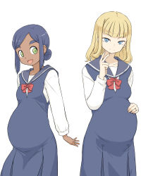 2girls black_hair blonde_hair blue_dress blue_eyes blue_sailor_collar bow bowtie commentary_request dark-skinned_female dark_skin dress earrings green_hair hair_bun hand_on_own_stomach highres jewelry long_hair long_sleeves multiple_girls mutou_youshun open_mouth original pregnant red_bow red_bowtie ring sailor_collar school_uniform shirt short_hair sidelocks sleeveless sleeveless_dress thick_eyebrows v wedding_ring white_background white_shirt