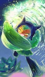 absurdres bright_pupils commentary_request crying fangs full_body glowing glowing_weapon highres holding holding_weapon ivy_cudgel_(pokemon) mask meariako motion_lines nintendo ogerpon ogerpon_(teal_mask) open_mouth pokemon pokemon_(creature) pokemon_focus pokemon_move solo star-shaped_pupils star_(symbol) symbol-shaped_pupils tears unworn_mask weapon white_pupils yellow_eyes