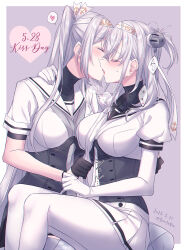 2girls anchor_symbol black_gloves black_sailor_collar blush bodysuit breasts closed_eyes clothes_grab clothes_writing commentary_request dated from_side fuyutsuki_(kancolle) gloves grey_hair grey_neckerchief grey_thighhighs hachimaki headband headgear heart highres kabocha_torute kantai_collection kiss kiss_day large_breasts long_hair multiple_girls neckerchief neckerchief_grab one_side_up profile sailor_collar school_uniform serafuku short_sleeves simple_background sitting skirt spoken_heart suzutsuki_(kancolle) thighhighs very_long_hair white_bodysuit white_neckerchief white_sailor_collar white_skirt yuri