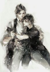 Rule 34 | 2boys, alternate costume, alternate hair length, alternate hairstyle, alternate universe, bag, belt, black bag, black belt, black eyes, black hair, black pants, black shirt, closed mouth, collared shirt, contemporary, couple, hug, invisible chair, jacket, kcllzas163, lan wangji, light particles, looking at another, male focus, modao zushi, multiple boys, one eye closed, painting (medium), pants, shirt, short hair, short sleeves, shoulder bag, simple background, sitting, smile, t-shirt, third-party source, traditional media, watercolor (medium), wei wuxian, white background, white shirt, yaoi