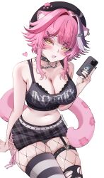 1girl =_hair_ornament absurdres alternate_costume animal_ear_fluff animal_ear_piercing animal_ears arm_support armpit_crease bare_arms bare_shoulders belt beret black_bra black_hair black_hat black_nails black_panties black_tank_top blunt_bangs blush bra breasts cellphone chain chaisia_art chattino_(raora_panthera) cleavage clothes_writing collar collarbone commentary crop_top cross-laced_slit english_commentary fang fingernails fish_skeleton_hair_ornament fishnet_pantyhose fishnets garter_straps goth_fashion hair_flaps hair_intakes hair_ornament hat heart heart_o-ring heart_pendant highres holding holding_phone hololive hololive_english jewelry lace lace-trimmed_bra lace_trim large_breasts looking_at_viewer medium_hair midriff miniskirt mismatched_thighhighs multicolored_hair multiple_rings navel o-ring panther_ears panther_girl panther_tail panties panty_peek pantyhose patreon_username pendant_choker phone pink_hair plaid_clothes plaid_skirt raora_panthera ring sidelocks simple_background sitting skin_fang skirt smartphone smile solo spiked_collar spikes streaked_hair striped_clothes striped_thighhighs tail tank_top thigh_strap thighhighs thighhighs_over_pantyhose torn_clothes torn_thighhighs underwear virtual_youtuber white_background white_hair x_hair_ornament yellow_eyes