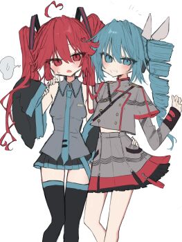 Rule 34 | 2girls, aqua eyes, aqua hair, bare shoulders, black thighhighs, bow, cosplay, costume switch, detached sleeves, drill hair, feet out of frame, grey jacket, grey skirt, hair between eyes, hair bow, hair ornament, hand on another&#039;s shoulder, hatsune miku, highres, jacket, kasane teto, kasane teto (sv), long hair, long sleeves, looking at viewer, multiple girls, necktie, open mouth, red eyes, red hair, shoulder belt, side-by-side, simple background, skirt, sleeveless, standing, suima (z50eu), sweatdrop, synthesizer v, thighhighs, twin drills, twintails, vocaloid, white background