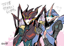 2girls airachnid arcee arcee_(prime) artist_name autobot blue_eyes decepticon food ice_cream multiple_girls no_humans open_mouth purple_eyes shiroyama_rikuta tongue tongue_out transformers transformers_prime