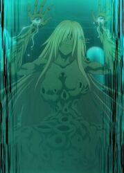 1girl absurdres anime_screenshot blonde_hair breasts christiana_leta_roseblaire collarbone colored_skin crying crying_with_eyes_open eye_on_hand eyes_on_hands green_eyes green_skin hand_eye highres large_breasts long_hair monsterification ore_wa_seikan_kokka_no_akutoku_ryoushu! stitched tears third-party_edit