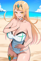1girl absurdres beach blonde_hair breasts chest_jewel core_crystal_(xenoblade) cowboy_shot earrings highres huge_breasts jewelry long_hair mythra_(radiant_beach)_(xenoblade) mythra_(xenoblade) ocean one-piece_swimsuit oruru63100814 parted_lips sand smile solo strapless strapless_one-piece_swimsuit swimsuit thigh_strap tiara v v_over_mouth water white_one-piece_swimsuit xenoblade_chronicles_(series) xenoblade_chronicles_2
