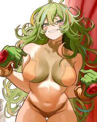 Rule 34 | 1girl, bare arms, bare shoulders, bikini, blush, bodypaint, boku no hero academia, breasts, bright pupils, brown bikini, brown pasties, commentary, deku&#039;s photo of hagakure toru, gloves, green bikini, green eyes, green gloves, green hair, grin, hagakure toru, hands up, highres, large breasts, long hair, looking at viewer, messy hair, mismatched bikini, multicolored hair, navel, official alternate costume, painted clothes, pasties, pink streaks, pointing, pointing at self, ringed eyes, smile, solo, spanish commentary, stomach, swimsuit, turtleneck bikini top, two-tone gloves, unusually visible, vlizz, white pupils