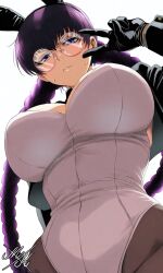 1girl animal_ears black_gloves black_jacket black_lagoon black_pantyhose braid braided_twintails breasts commentary_request cropped_jacket fake_animal_ears from_below gloves highres jacket large_breasts leotard long_hair long_sleeves looking_at_viewer looking_down mukro0922 pantyhose playboy_bunny purple_eyes purple_hair rabbit_ears roberta_(black_lagoon) round_eyewear simple_background solo twin_braids v white_background white_leotard