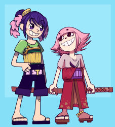 2girls absurdres alternate_costume blue_background brown_eyes child commentary english_commentary full_body green_shirt hair_bun hair_ornament highres holding holding_sword holding_weapon japanese_clothes katana kurozumi_tama looking_at_another multiple_girls one_piece pink_hair purple_eyes purple_hair sandals shirt short_hair short_sleeves sidelocks simple_background single_hair_bun smile sword theproblemsofdonhi toko_(one_piece) weapon