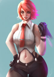 Rule 34 | 1girl, breasts, curvy, female focus, formal clothes, gloves, large breasts, leather, onishinx, orionm, pale skin, pants, red eyes, red hair, shirt, short hair, smile, stanbl, stanbl7, suspenders, the king of fighters, thick thighs, thighs, vanessa (kof), white shirt, wide hips