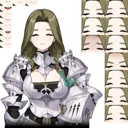 armor breasts cleavage gauntlets green_hair iolar_(mabinogi) knight large_breasts mabinogi multiple_expressions official_art simple_background smile tachi-e