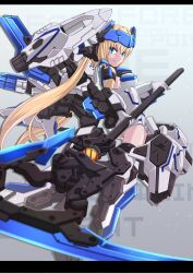1girl ayato_mabu blonde_hair blue_eyes breasts elbow_gloves frame_arms_girl gloves headgear highres holding holding_scythe holding_weapon hresvelgr_ater kotobukiya kotobukiya_bishoujo leotard letterboxed long_hair looking_at_viewer looking_back mecha_musume medium_breasts scythe smile solo twintails weapon white_gloves