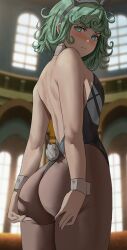 1girl animal_ears ass ass_support bare_back bare_shoulders black_leotard blurry blurry_background blush breasts closed_mouth commentary cowboy_shot fake_animal_ears flipped_hair from_behind from_side green_eyes green_hair highleg highleg_leotard huge_ass indoors leotard looking_at_viewer nose_blush one-punch_man pantyhose patreon_logo patreon_username playboy_bunny rabbit_ears rabbit_tail shexyo short_hair shoulder_blades small_breasts solo strapless strapless_leotard tail tatsumaki thick_thighs thighs watermark web_address window wrist_cuffs