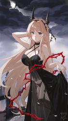 1girl absurdres azur_lane bare_arms bare_shoulders black_choker black_crown black_dress black_garter_belt black_panties black_thighhighs blonde_hair braid breasts choker cleavage closed_mouth clothes_lift cloud cloudy_sky commentary covered_navel crescent_moon criss-cross_halter crossed_legs crown dress dress_lift flower frills full_body garter_belt garter_straps glorious_(azur_lane) glorious_(meta)_(azur_lane) hair_ornament halter_dress halterneck hand_up highres holding horns jewelry large_breasts lifting_own_clothes lingerie long_dress long_hair looking_at_viewer moon official_alternate_design panties ping_zhong_yu red_flower red_rose rose see-through_clothes see-through_dress sidelocks signature sky sleeveless sleeveless_dress solo standing thighhighs thighs thorns translated underwear very_long_hair watson_cross