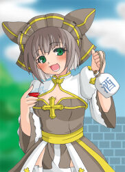 1girl arch_bishop_(ragnarok_online) blue_sky blurry blurry_background blush bottle breasts brown_dress brown_hair cleavage cleavage_cutout clothing_cutout cloud commentary_request cowboy_shot cross cup day dress green_eyes headdress holding holding_cup jug_(bottle) juliet_sleeves long_sleeves looking_at_viewer medium_breasts monou0135 open_mouth outdoors puffy_sleeves ragnarok_online sakazuki sake_bottle sash short_hair sky smile solo two-tone_dress white_dress yellow_sash