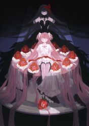 Rule 34 | 2girls, absurdly long hair, akemi homura, akuma homura, bare shoulders, black background, black dress, black gloves, black hair, bow, cake, choker, closed eyes, closed mouth, clothing cutout, dark background, detached collar, dress, elbow gloves, facing viewer, food, frilled dress, frills, fruit, gloves, hair bow, hair flowing over, hair ribbon, hairband, highres, interlocked fingers, kaname madoka, ksline0930, layered dress, layered sleeves, long dress, long hair, magical girl, mahou shoujo madoka magica, multiple girls, outstretched arms, own hands clasped, own hands together, pink hair, pink thighhighs, plate, praying, red bow, red hairband, red ribbon, ribbon, short sleeves, sitting, smile, soul gem, spotlight, spread arms, straight hair, strapless, strawberry, table, tablecloth, thighhighs, two side up, ultimate madoka, very long hair, white bow, white dress, white gloves