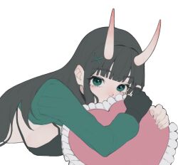 Rule 34 | anemoneeanemone, bikini, bikini top only, black bikini, breast press, breasts, clothes lift, covered mouth, demon horns, fingerless gloves, fingernails, gloves, green eyes, horns, hugging object, large breasts, lying, original, pillow, pillow hug, shirt lift, simple background, single glove, swimsuit, white background