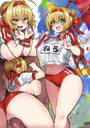 1girl 3boys :d ahegao anus anus_peek ass back bdsm blonde_hair blush bondage bound bound_wrists breasts buruma buruma_aside cleavage clothed_sex clothing_aside cloud commentary_request confetti day doggystyle fate/extra fate/grand_order fate_(series) fellatio flag gold_medal green_eyes group_sex gym_uniform hair_intakes handjob headband heart heart-shaped_pupils hetero large_breasts looking_at_viewer medal midriff multiple_boys nero_claudius_(fate) nero_claudius_(olympian_bloomers)_(fate) nipples no_bra official_alternate_costume open_mouth oral osiimi outdoors penis revision rolling_eyes saliva sex sex_from_behind sideboob smile solo_focus sweat symbol-shaped_pupils tears teeth tongue tongue_out uncensored vaginal w