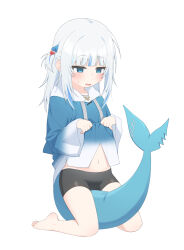 1girl absurdres between_legs black_shorts blue_eyes blue_hoodie blue_streaks blunt_bangs blush fins fish_tail gawr_gura hair_ornament highres hololive hololive_english hood hoodie kneeling lifting_own_clothes looking_down navel panties shark_girl shark_hair_ornament shark_tail shorts solo striped_clothes sweatdrop tail tail_between_legs ugaaaa1 underwear virtual_youtuber white_hair