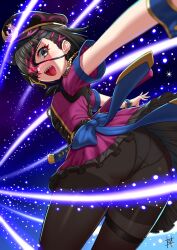 1girl ass black_hair black_hat black_pantyhose blush breasts dress eyepatch fate/grand_order fate_(series) glowing glowing_eye grey_eyes guriguri_(arayotto4351) hair_over_one_eye hat highres katana looking_at_viewer mysterious_ranmaru_x_(fate) open_mouth panties panties_under_pantyhose pantyhose peaked_cap purple_dress sharp_teeth short_hair short_sleeves small_breasts smile solo star_(sky) starry_sky_background sword teeth thighband_pantyhose thighs underwear weapon wrist_cuffs