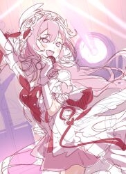 Rule 34 | 1girl, :d, absurdres, arm up, blush, braid, braided bangs, commentary, cowboy shot, diamond-shaped pupils, diamond (shape), elbow gloves, elysia (honkai impact), gloves, hair intakes, hand up, highres, holding, holding microphone, honkai (series), honkai impact 3rd, idol, long hair, looking ahead, microphone, miniskirt, open mouth, pink eyes, pink hair, pink skirt, red ribbon, ribbon, roena, sketch, skirt, smile, solo, stage lights, symbol-shaped pupils, twisted torso, white gloves