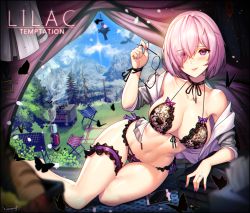 1girl :q absurdres alternate_costume arm_support bare_shoulders barefoot black-framed_eyewear black_bra black_butterfly black_panties blurry blurry_foreground bra bread breasts bug butterfly c.honey camping cellphone choker chromatic_aberration cleavage cloud depth_of_field eyes_visible_through_hair fate/grand_order fate_(series) female_focus fingernails folding_stool food frilled_panties frilled_thigh_strap frills front-tie_bra full_body glasses grill hair_between_eyes hair_over_one_eye highres huge_filesize insect jewelry lace lace_bra lace_panties large_breasts licking_lips light_particles light_purple_hair lingerie long_fingernails looking_at_viewer lying mash_kyrielight mountain nail_polish nature navel no_pants off_shoulder on_side open_clothes open_shirt panties phone pine_tree pink_hair pink_nails portable_stove purple_eyes reclining ribbon ribbon_choker ring see-through_clothes short_hair smartphone solo stool string_bra tent thigh_strap tissue_box tongue tongue_out tree underwear unworn_eyewear wedding_band wrist_ribbon