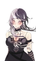 1girl absurdres arm_strap black_arm_warmers black_choker black_dress black_hair breasts choker cleavage closed_mouth dress grey_hair hair_ribbon highres hololive hololive_english large_breasts light_smile mei_puru29 multicolored_hair ribbon shiori_novella shiori_novella_(1st_costume) simple_background solo split-color_hair streaked_hair striped_arm_warmers two-tone_hair virtual_youtuber white_background white_ribbon yellow_eyes