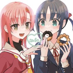 2girls absurdres blush bow bowtie donut food green_eyes hair_ornament hairclip hayate_no_gotoku! highres holding holding_food katsura_hinagiku long_hair multiple_girls nishizawa_ayumu pink_hair purple_hair school_uniform short_hair short_twintails simple_background snack twintails upper_body white_background yellow_eyes