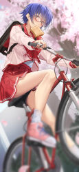 Rule 34 | 1girl, ahoge, bag, bicycle, black bag, blue hair, blurry, blush, bow, bread, bread slice, cherry blossoms, commentary request, falling petals, food, food in mouth, glasses, green eyes, hair between eyes, hair over eyes, highres, looking at viewer, mouth hold, neckerchief, outdoors, pallad, petals, pink serafuku, pink shirt, pink shoes, pleated skirt, red bow, red neckerchief, red sailor collar, red skirt, riding, riding bicycle, sailor collar, school bag, school uniform, serafuku, shirt, shoes, short hair, skirt, sneakers, socks, solo, thighs, to heart (series), to heart 2, toast, toast in mouth, tonami yuma, white socks