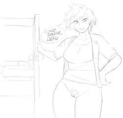 10s 1girl bakugou_mitsuki bed boku_no_hero_academia bottomless breasts eyebrows female_focus female_pubic_hair greyscale hand_on_own_hip large_breasts leaning_on_object mature_female monochrome no_panties no_pants noill open_mouth presenting pubic_hair pussy smile solo spiked_hair uncensored