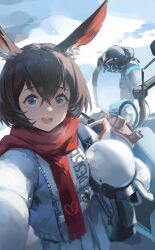 1girl :d amiya_(arknights) animal_ears arknights blue_eyes breath brown_hair chinese_commentary clothes_writing commentary day emperor_(arknights) hair_between_eyes highres infection_monitor_(arknights) jacket long_sleeves meinoss open_mouth outdoors outstretched_arm red_scarf scarf selfie short_hair smile snow solo taking_picture unfinished white_jacket