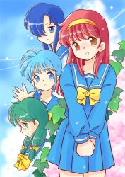 4girls black_hair blue_eyes blue_sailor_collar blue_serafuku blue_skirt bow brown_eyes cherry_blossoms closed_mouth falling_petals fujisaki_shiori glasses green_eyes green_hair hair_over_one_eye hairband head_tilt himoo_yuina kirameki_high_school_uniform kisaragi_mio kisaragi_miyuki long_hair long_sleeves looking_at_viewer low_twintails multiple_girls nijino_saki open_mouth petals pleated_skirt red_hair sailor_collar school_uniform serafuku skirt smile takemoto_izumi_(style) tokimeki_memorial tokimeki_memorial_1 twintails v_arms waving winter_uniform yellow_bow yellow_hairband