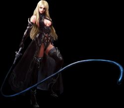 1girl artist_request bare_shoulders black_background black_boots black_coat black_gloves black_thighhighs blonde_hair boots breasts center_opening cleavage coat elbow_gloves gloves groin high_heel_boots high_heels highleg holding holding_weapon long_coat long_hair looking_down official_art revealing_clothes sideboob solo standing thighhighs thighs third-party_source weapon whip wizardry wizardry_online