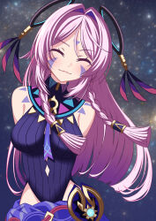 1girl absurdres arm_warmers arms_behind_back black_leotard black_shorts braid breasts citlali_(genshin_impact) closed_eyes cowboy_shot facial_mark facing_viewer floating_headgear forehead_mark genshin_impact gold_armlet hair_intakes head_tilt headgear highres leotard long_hair medium_breasts parted_bangs pink_hair purple_skirt ribbed_leotard ring_hair_ornament seshirun shorts side_braid skirt smile solo star_(sky) starry_sky_background triangle triangle_facial_mark twin_braids vision_(genshin_impact)