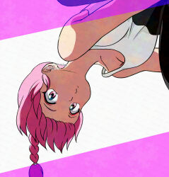 01angelegg 1girl bare_arms black_pants braid braided_ponytail breasts closed_mouth long_hair looking_at_viewer makeup mascara pants pink_hair ranma-chan ranma_1/2 red_eyes single_braid small_breasts tank_top white_background white_tank_top