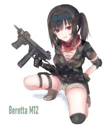 1girl absurdres beretta_m12 black_hair camouflage camouflage_shirt character_name full_body girls&#039;_frontline gun highres holding holding_gun holding_weapon looking_at_viewer m12_(girls&#039;_frontline) martinreaction on_one_knee red_eyes shirt side_ponytail solo squatting submachine_gun weapon weapon_name