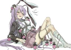 animal_ears black_hair black_jacket blush bound breasts closed_eyes dress hair_between_eyes highres inaba_tewi jacket long_hair lying medium_breasts medium_hair mini_person multiple_girls on_person open_mouth pink_dress pink_skirt purple_eyes rabbit_ears rabbit_girl rabbit_tail reisen_udongein_inaba rope sesmkun shirt skirt socks tail tearing_up touhou very_long_hair white_shirt white_socks