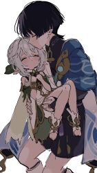 1boy 1girl anklet bare_shoulders belt black_belt black_bodysuit black_hair black_shorts blue_cape blue_gemstone blue_sleeves blunt_ends bodysuit bracelet cape carrying child clenched_hands closed_eyes closed_mouth detached_sleeves dress eyelashes eyeliner eyeshadow fringe_trim furisode gem genshin_impact gold gold_trim green_skirt green_sleeves hair_between_eyes hair_ornament hakama hakama_shorts half_crown_braid hand_on_another&#039;s_back hand_on_another&#039;s_thigh hands_on_own_chest hetero highres hirarinoie japanese_clothes jewelry kimono kiss kissing_forehead kissing_hair leaf leaf_hair_ornament long_hair makeup mandarin_collar nahida_(genshin_impact) pointy_ears princess_carry purple_sash red_eyeliner red_eyeshadow sash scaramouche_(genshin_impact) shorts side_ponytail sidelocks sketch skirt tassel toeless_footwear two-sided_fabric two-sided_skirt wanderer_(genshin_impact) white_background white_dress white_footwear white_sleeves white_trim