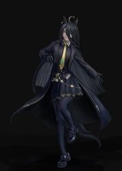 Rule 34 | 1girl, absurdres, ahoge, animal ears, belt, black background, black belt, black coat, black gloves, black pantyhose, black shirt, black shoes, black skirt, coat, collared shirt, commentary, ear tag, earrings, gloves, grey hair, hair between eyes, hand up, highres, horse ears, horse girl, horse tail, jewelry, leg up, lips, long hair between eyes, manhattan cafe (umamusume), multicolored hair, necktie, open clothes, open coat, pantyhose, pleated skirt, shirt, shoes, simple background, single earring, skirt, solo, tail, thefatum, umamusume, yellow necktie