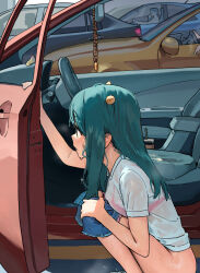 1girl 3others aqua_hair bra bra_visible_through_clothes breasts car cigarette cone_horns green_eyes highres holding holding_cigarette horns implied_peeing light_blush long_hair motor_vehicle multiple_others nahia_(some1else45) original pee pink_bra public_urination shirt small_breasts solo_focus some1else45 squatting sweat underwear wet wet_clothes wet_shirt