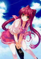 Rule 34 | 1girl, absurdres, amazuyu tatsuki, bag, blue sky, bow, breasts, brown eyes, closed mouth, cloud, day, female focus, highres, holding, kousaka tamaki, leaning forward, long hair, looking at viewer, medium breasts, official art, outdoors, pleated skirt, red hair, red skirt, sailor collar, scan, school bag, school uniform, short sleeves, sidelocks, skirt, sky, smile, solo, thighhighs, to heart (series), to heart 2, white thighhighs, zettai ryouiki