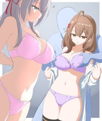 Rule 34 | 1boy, 2girls, absurdres, ahoge, alisa mikhailovna kujou, black thighhighs, blue bra, blue eyes, blue panties, bra, breasts, brown eyes, brown hair, cleavage, collarbone, dazed, empty eyes, etlabsotwe, expressionless, flower, grabbing another&#039;s breast, grabbing from behind, groping, hair between eyes, hair flower, hair ornament, hair ribbon, highres, large breasts, long hair, mariya mikhailovna kujou, mind control, multiple girls, navel, open clothes, open mouth, open shirt, panties, pink bra, pink panties, red ribbon, ribbon, saliva, shimaidon (sex), shirt, siblings, sidelocks, sisters, stomach, thighhighs, thighs, tokidoki bosotto roshia-go de dereru tonari no alya-san, underwear, undressing, white shirt