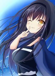 Rule 34 | 1girl, ;d, absurdres, black hair, black hairband, black shirt, blue capelet, blue choker, blue sky, blush, breasts, capelet, choker, commentary, day, finger to mouth, floating hair, from side, grin, hair between eyes, hairband, hand up, happy, highres, index finger raised, kushima kamome, large breasts, long hair, looking at viewer, one eye closed, open mouth, outdoors, ringed eyes, shirt, shushing, sky, smile, solo, straight hair, summer pockets, upper body, user jvdy4345, wind, yellow eyes
