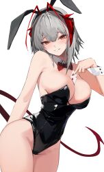 1girl absurdres ace_(playing_card) ace_of_hearts alternate_costume animal_ears antennae arknights bare_shoulders between_breasts black_leotard black_tail breasts card card_between_breasts cleavage commentary_request demon_girl demon_horns demon_tail detached_collar fake_animal_ears grey_hair hair_between_eyes heart highleg highres horns large_breasts latex latex_leotard leotard looking_at_viewer nekomatamago orange_eyes playboy_bunny playing_card rabbit_ears red_horns short_hair simple_background smile solo strapless strapless_leotard tail thighs w_(arknights) white_background white_wrist_cuffs wrist_cuffs