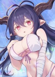 1girl antenna_hair bandaged_arm bandages bare_shoulders bikini black_hair breasts danua danua_(summer)_(granblue_fantasy) draph from_below front-tie_top granblue_fantasy highres horns large_breasts layered_bikini long_hair navel official_alternate_costume parted_lips pointy_ears red_eyes solo stray_vamp swimsuit white_bikini