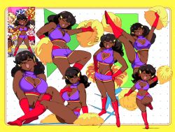 Rule 34 | 1990s (style), 1girl, ^ ^, armpits, arms up, ass, black hair, boots, breast suppress, breasts, breasts squeezed together, cheerleader, cleavage, cleavage cutout, closed eyes, clothing cutout, commentary request, crop top, cropped shirt, dark-skinned female, dark skin, deformed, earrings, flexible, fluffy, fluffy hair, full body, game screenshot inset, gloves, hair ornament, hairclip, hand on own chest, hands on own hips, happy, heart cutout, highres, holding, holding pom poms, jewelry, knee boots, large breasts, leg up, long hair, midriff, momotarou dentetsu, multiple views, navel, open mouth, pom pom (cheerleading), pom poms, purple shirt, purple shorts, red boots, red gloves, reference inset, retro artstyle, shadow, shimadai587779, shirt, short shorts, shorts, sitting, sleeveless, sleeveless shirt, smile, solo, split, standing, standing on one leg, standing split, teeth, thighs, tongue, turtleneck, turtleneck shirt, upper teeth only, v arms