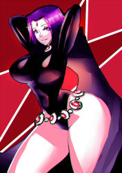 1girl animification arms_behind_head belt belt_skirt bodysuit breasts cape contrapposto cowboy_shot dc_comics female_focus forehead_jewel from_side gem highleg highleg_leotard hip_focus impossible_clothes impossible_leotard large_breasts leotard light_smile looking_at_viewer narrow_waist pale_skin purple_eyes purple_hair raven_(dc) red_background short_hair skin_tight sleeved_leotard smile solo standing superhero_costume teen_titans thick_thighs thighs turtleneck wide_hips zxc